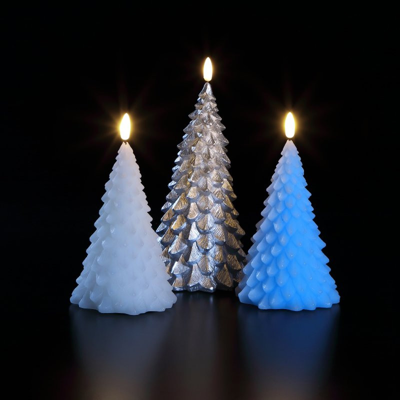 CHRISTMAS TREE WAX CANDLES - WHITE (15CM) BLUE (15CM) SILVER (20CM)