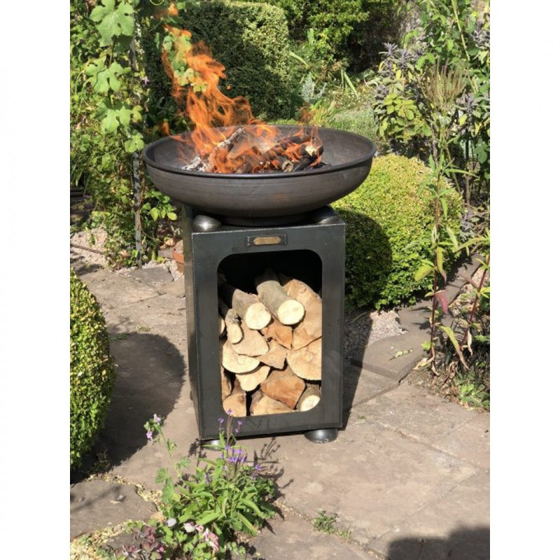 Firebowl with Log Store with Swing Arm BBQ Rack 70cm