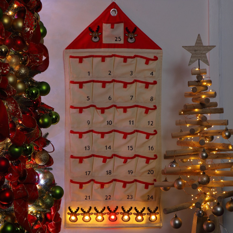FABRIC ADVENT CALENDER WITH 9 WARM WHITE BERRY LIGHTS