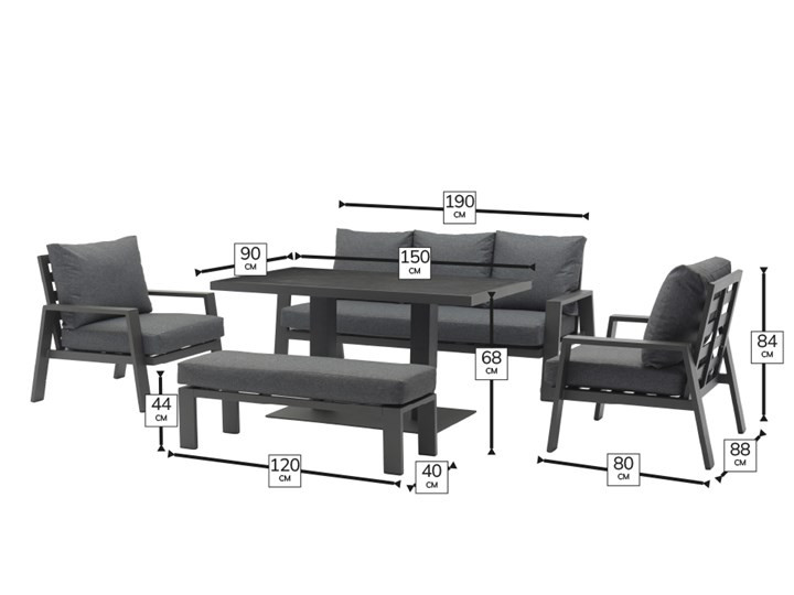 Amsterdam 3 Seater Sofa with Rectangle Piston Adjustable Table, 2 Armchairs & Bench photo