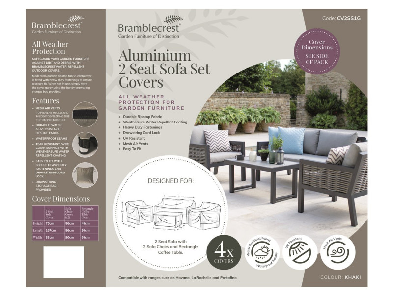 Bramblecrest Aluminium 2 Seater Sofa, 2 Sofa Chairs & Coffee Table Set Covers