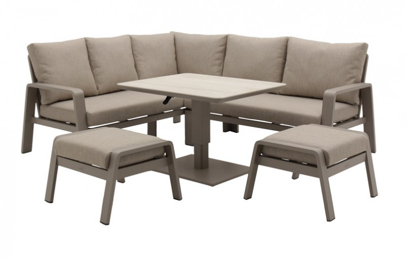 Prague Mini Sofa with Piston Adjustable Table & 2 Stools with Backrests - Latte