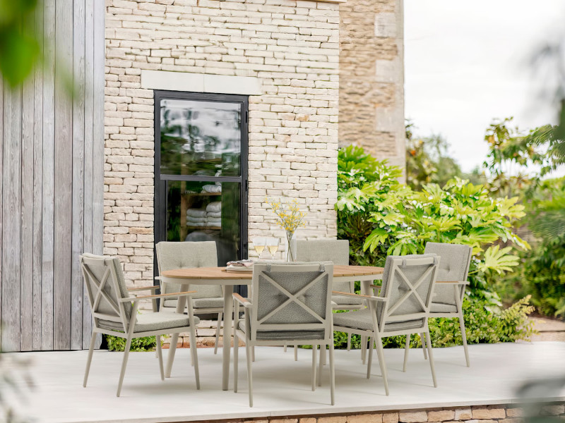 Wisley 175x120cm Ellip Table, 6 chairs, Parasol & Base- Mocha photo