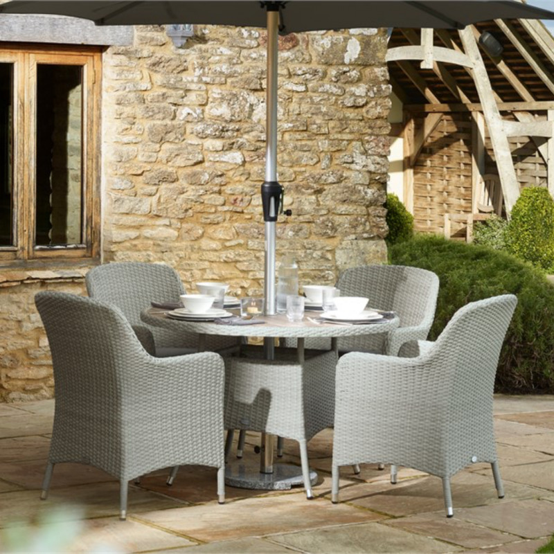 Tetbury Cloud 110cm Round Table with Tree-Free Top & 4 Armchairs with Eco Cushions & Parasol & Base photo