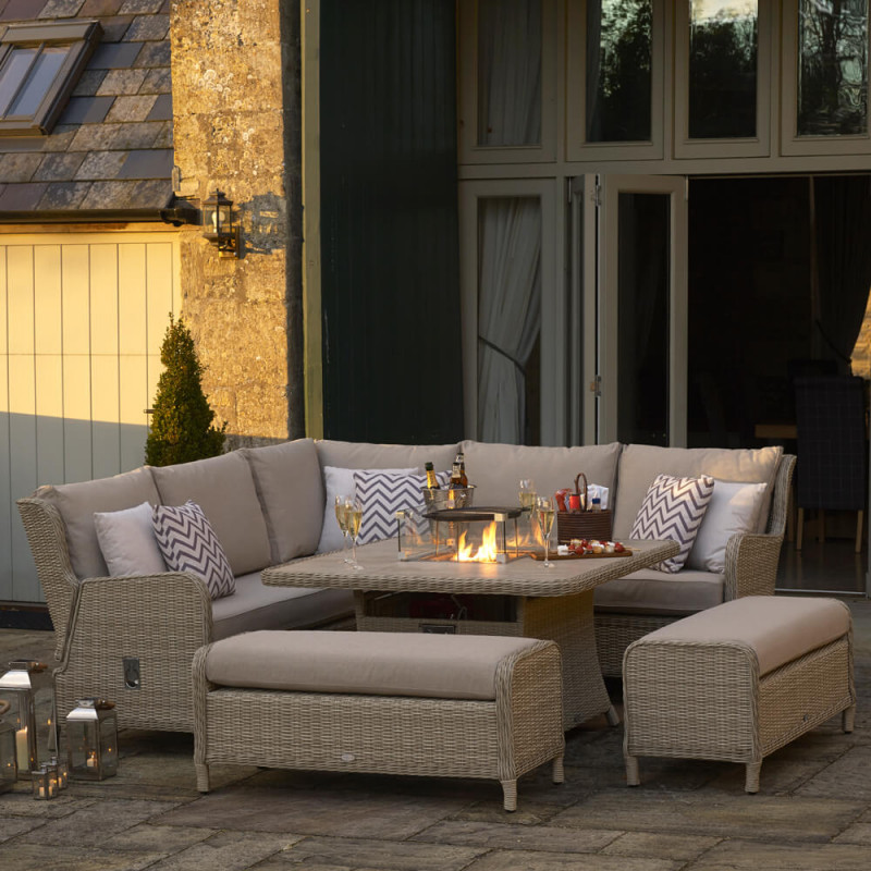 Chedworth Reclining Garden Sofa Set with Square Fire Pit Dining Table- Sandstone photo