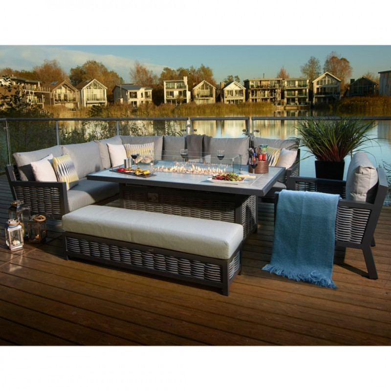 Portofino Wicker L-Shape Sofa with Rectangle Firepit Table, Sofa Chair & Stool photo