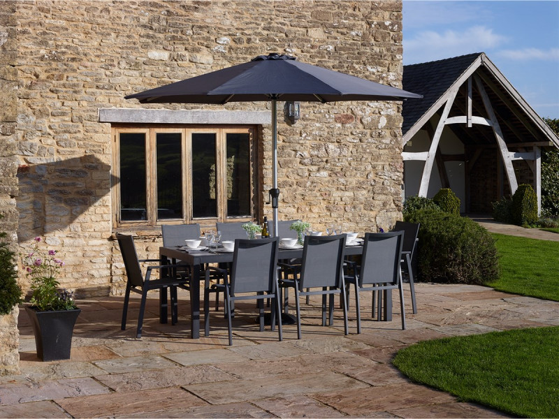Seville Textilene 8 Seat Rectangle Dining Set with Parasol & Base photo
