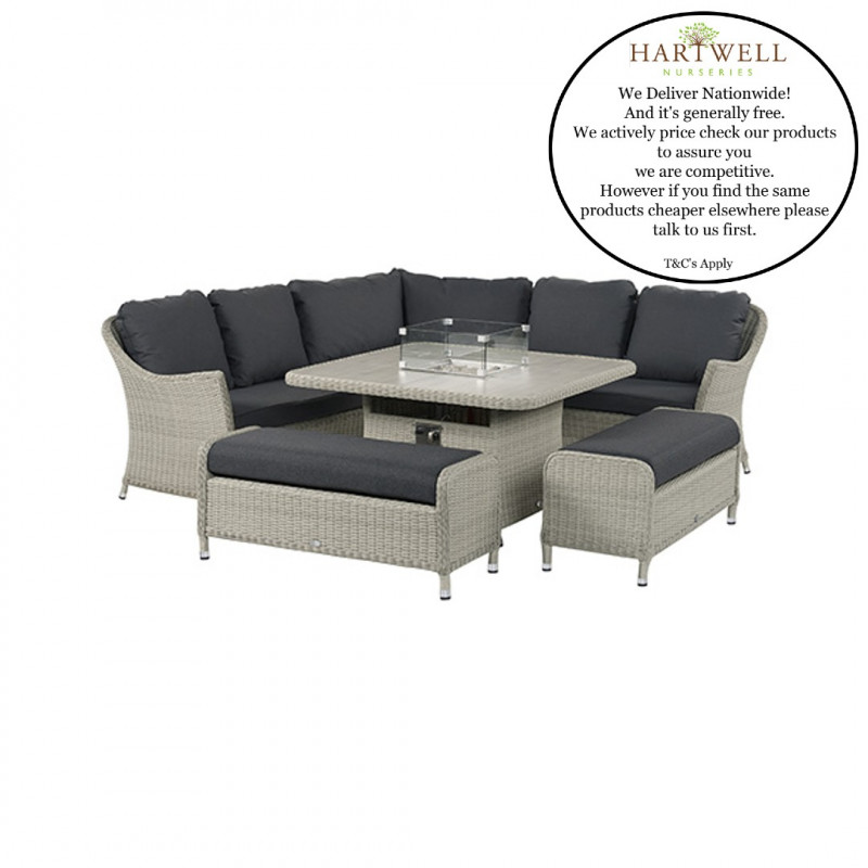 Bramblecrest Monterey Dove Grey Modular Sofa with Square Ceramic Top Firepit Table & 2 Benches- Low Stock