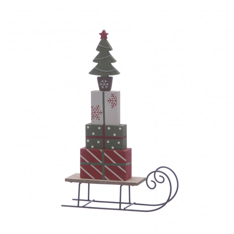 Festive Christmas WOODEN SLEIGH WITH PRESENTS AND TREE 29CM