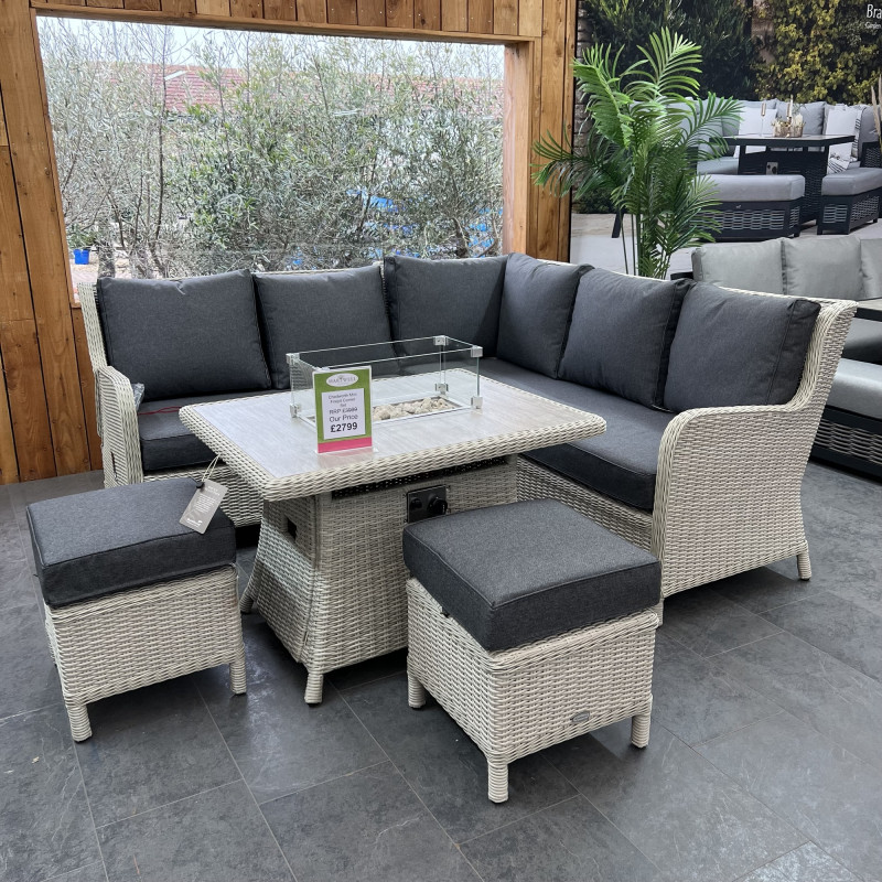 Chedworth Dove Grey Rattan Reclining Mini Corner Sofa with Firepit Table & 2 Stools