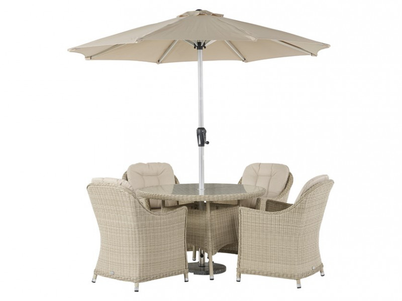 Monterey Sandstone Rattan 4 Seat Round Dining Set with Parasol & Base photo