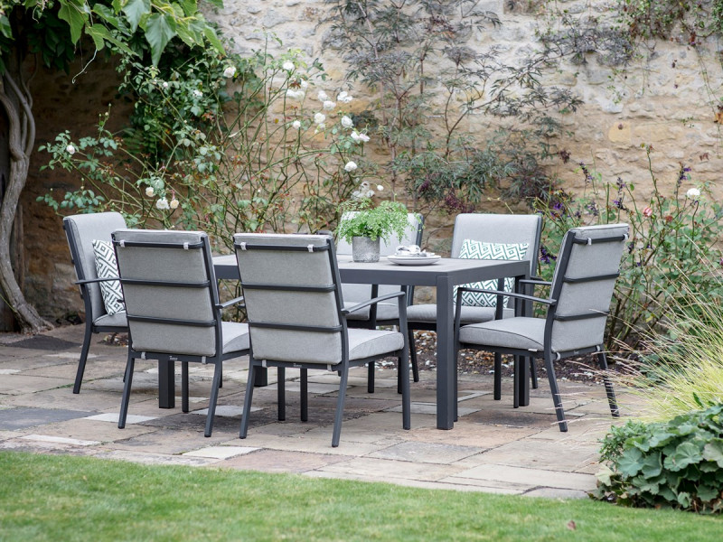 Seville 6 Seat Rectangle Dining Set with Valencia Armchairs, Parasol & Base photo