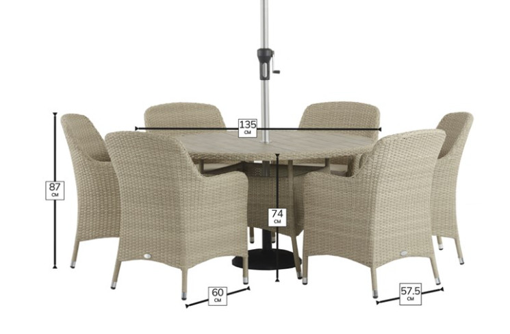 Tetbury Nutmeg Rattan 6 Seat Round Dining Set with Tree-Free Top, Parasol & Base photo