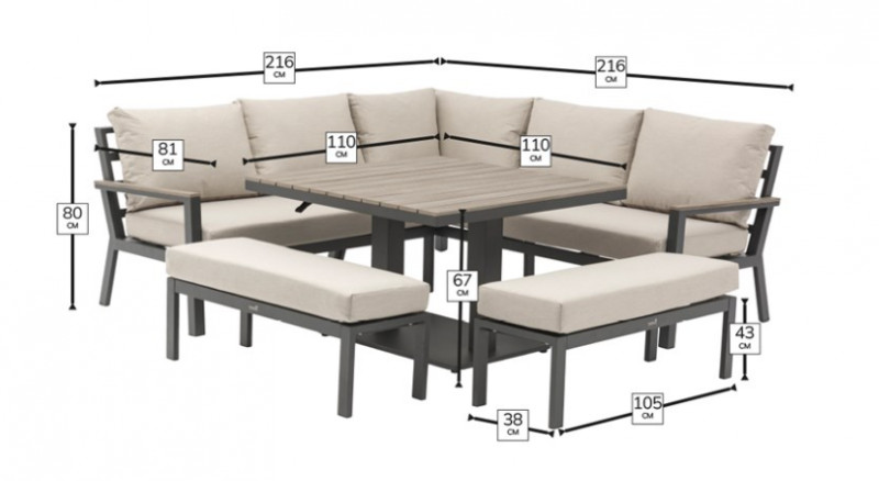 Zurich Corner Sofa with Square Piston Adjustable Table & 2 Benches photo
