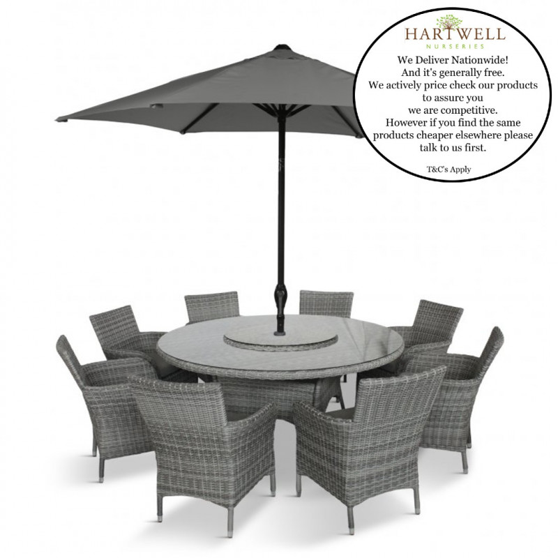  Monaco Stone 8 Seat Dining Set with Weave Lazy Susan 3.0m Parasol & Base