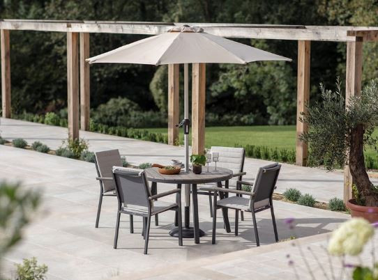 Zurich Anthracite 4 Seat Round Dining Set with Parasol & Base