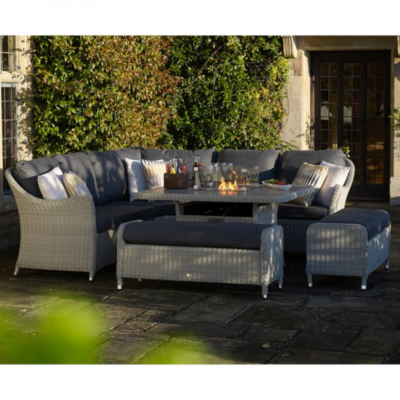 Monterey Dove Grey Modular Sofa with Square Ceramic Top Firepit Table & 2 Benches