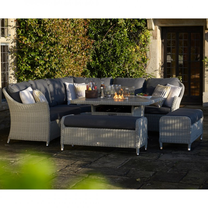 Monterey Dove Grey Modular Sofa with Square Ceramic Top Firepit Table & 2 Benches photo