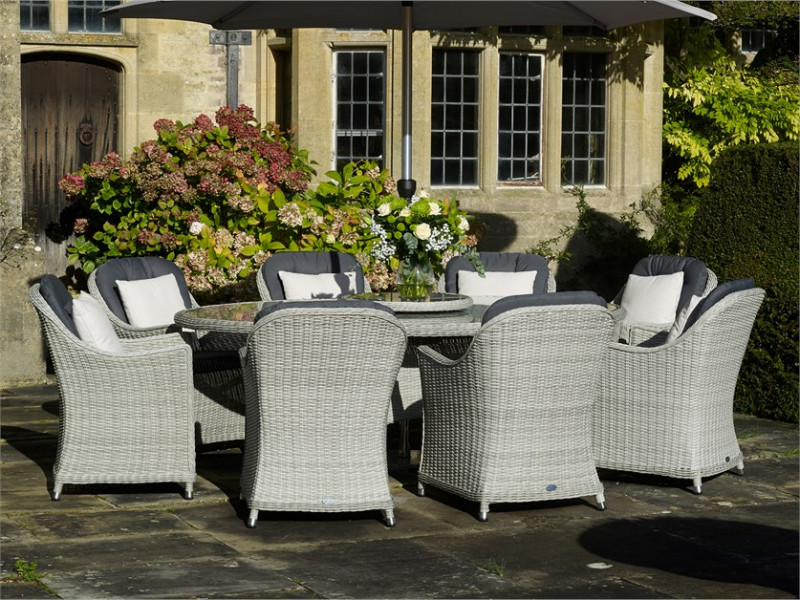 Monterey Dove Grey Rattan 8 Seat Elliptical Dining Set with Lazy Susan, Parasol & Base photo