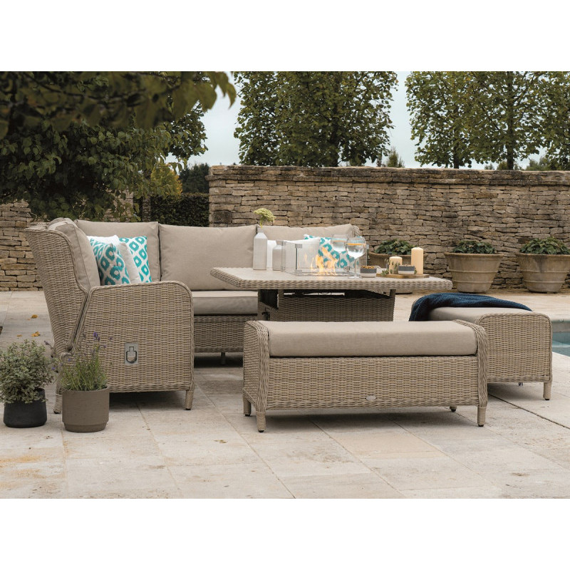 Chedworth Large Sofa Set with Square Fire Pit Corner Set & 2 Benches- Sandstone