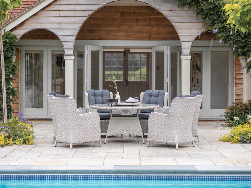 Chedworth Dove Grey Rattan 6 Seat Round Dining Set with Lazy Susan, Parasol & Base photo