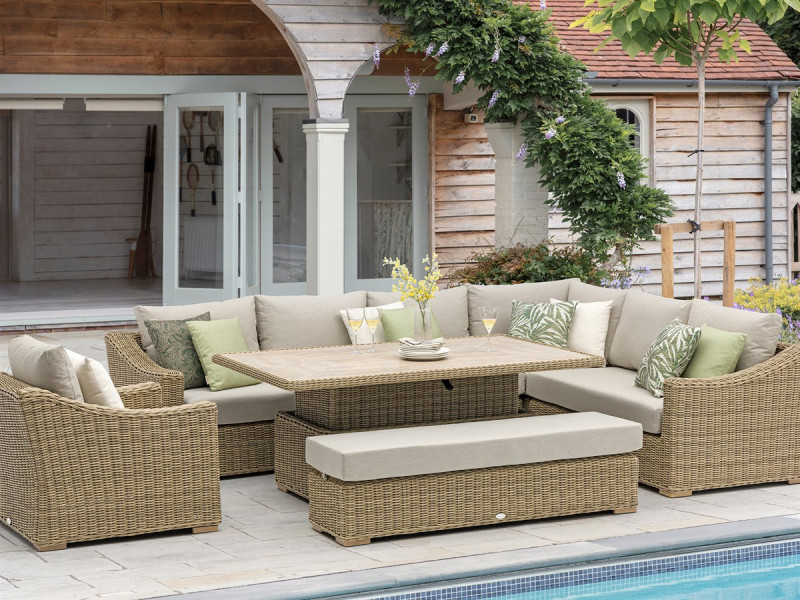 Fairford Rattan L-Shape Sofa with Rectangle Piston Adjustable Height Table, Bench & Chair- Display Only photo