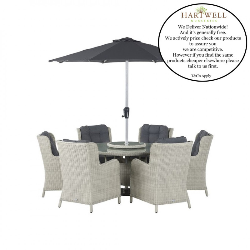 Bramblecrest Chedworth Dove Grey Rattan 6 Seat Round Dining Set with Lazy Susan, Parasol & Base- Low Stock