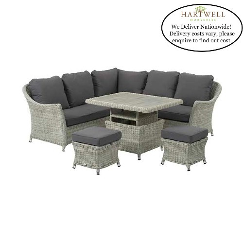 Monterey Dove Grey Mini Corner Sofa with Dual Height Ceramic Top Table & 2 Stools- LOW STOCK