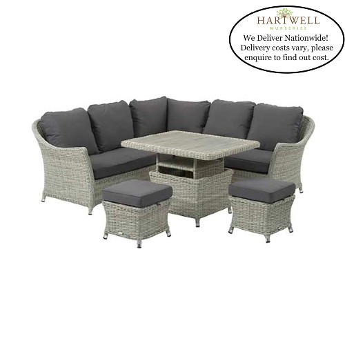 Monterey Dove Grey Mini Corner Sofa with Dual Height Ceramic Top Table & 2 Stools