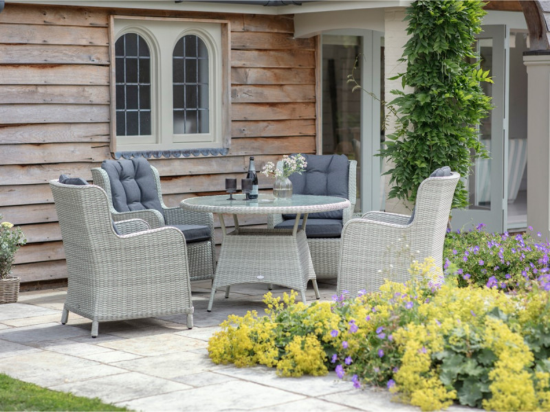 Chedworth 120cm Table 4 Armchairs & Parasol Dove Grey photo