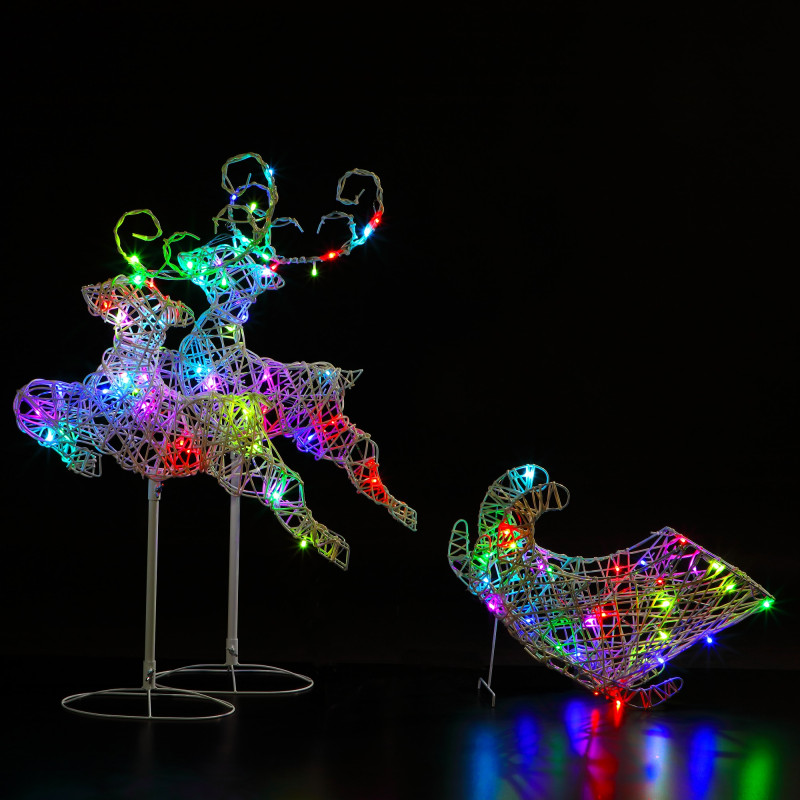 96CM TWO REINDEER SLEIGH 90 LEDS WHITE RATTAN COLOUR CHANGEABLE photo
