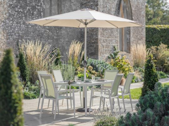 Sofia Rectangle Table with 6 Armchairs, Parasol & Base Set - Green