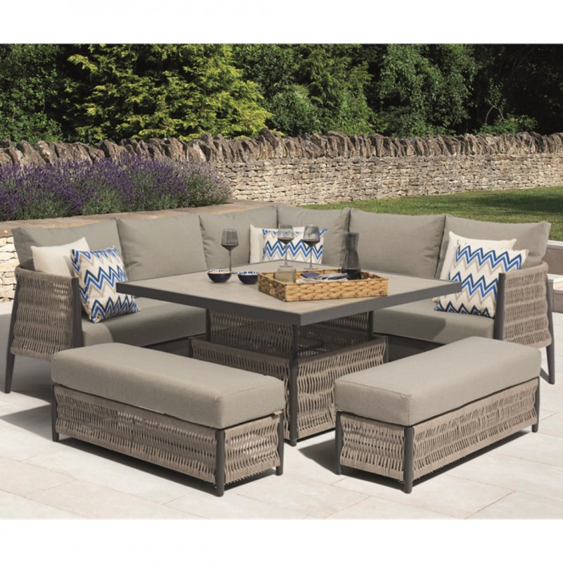 Outdoor patio shop table with benches