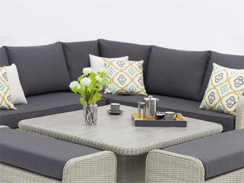 Chedworth Dove Grey Reclining Modular Sofa with Square Dual Height Ceramic Top Table & 2 Benches photo