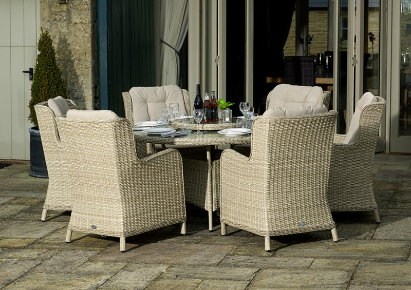 Chedworth Sandstone 140cm Round Table with 60cm Lazy Susan, 6 High-Back Armchairs, Parasol & Base photo
