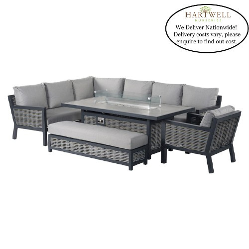 Portofino Wicker L-Shape Sofa with Rectangle Firepit Table, Sofa Chair & Stool