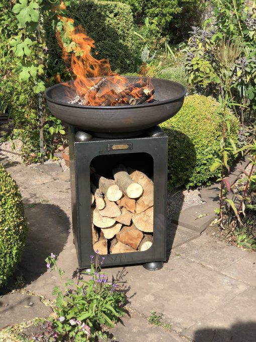  Firebowl with Log Store with Swing Arm BBQ Rack 70cm
