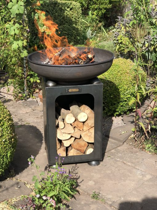 Firebowl with Log Store with Swing Arm BBQ Rack 70cm photo