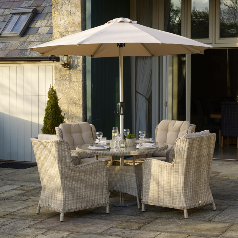 Chedworth 120cm Table 4 Armchairs & Parasol - Sandstone