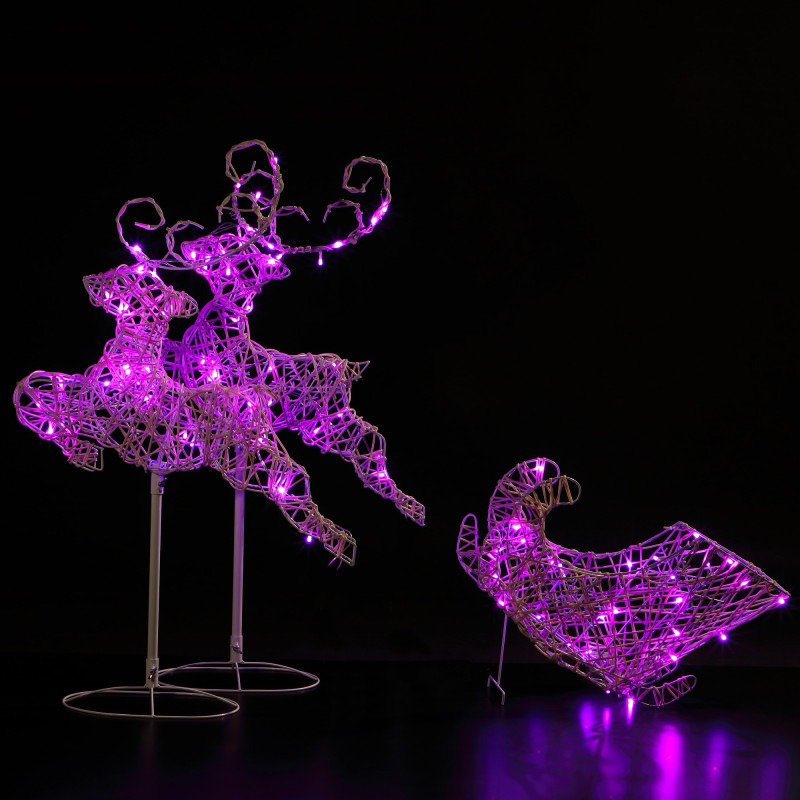96CM TWO REINDEER SLEIGH 90 LEDS WHITE RATTAN COLOUR CHANGEABLE photo