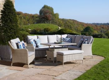 Bramblecrest Tetbury Nutmeg Rattan L-Shape Sofa with Rectangle Dual Height, Tree-Free Top Table, Armchair & Bench