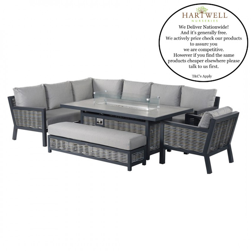Bramblecrest Portofino Wicker L-Shape Sofa with Rectangle Firepit Table, Sofa Chair & Stool- Low Stock