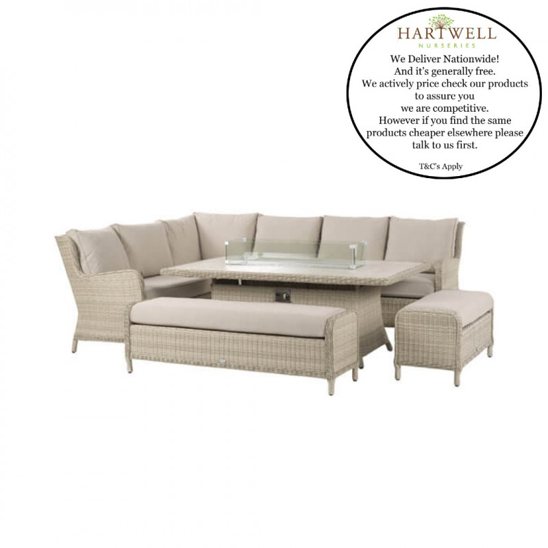Bramblecrest Chedworth Large Sofa Set with Rectangle Fire Pit Dining Set & 2 Benches- Sandstone