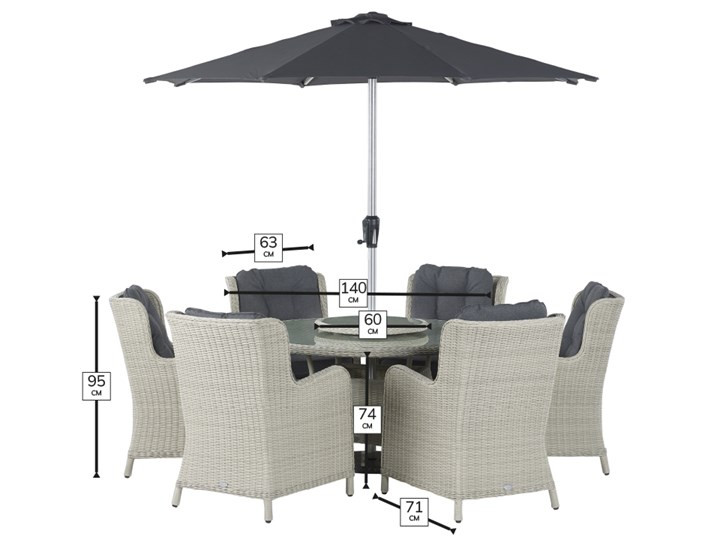 Chedworth Dove Grey Rattan 6 Seat Round Dining Set with Lazy Susan, Parasol & Base photo