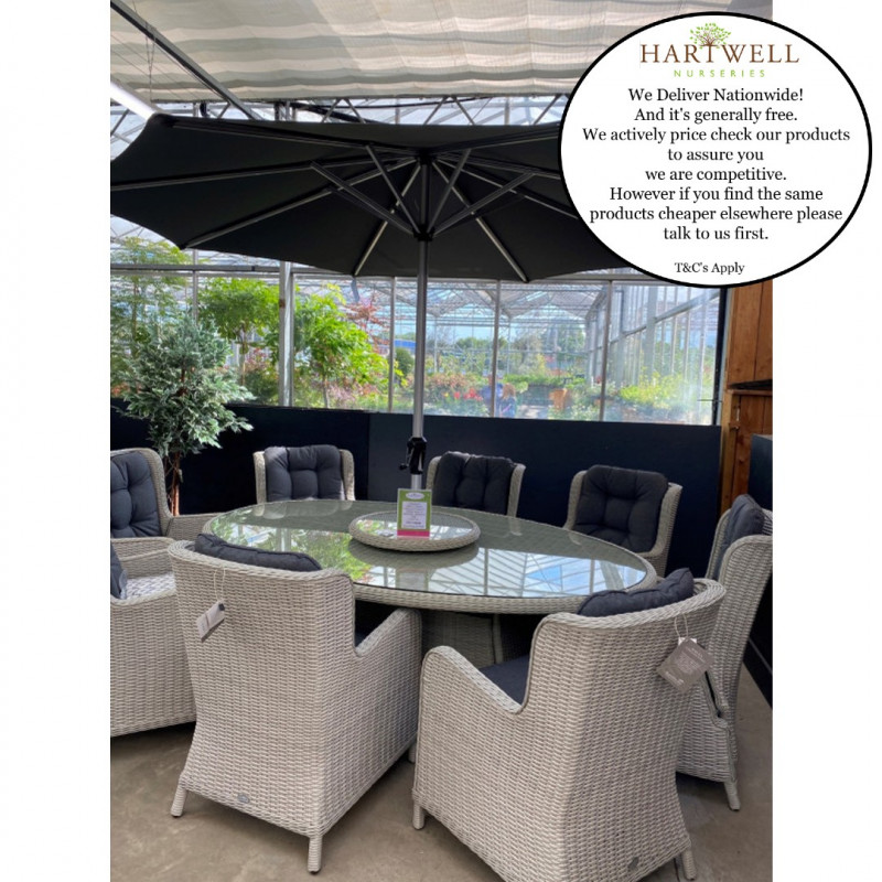 Bramblecrest Chedworth Dove Grey Rattan 8 Seat Elliptical Dining Set (including 2 Recliners) with Lazy Susan, Parasol & Base- Low Stock