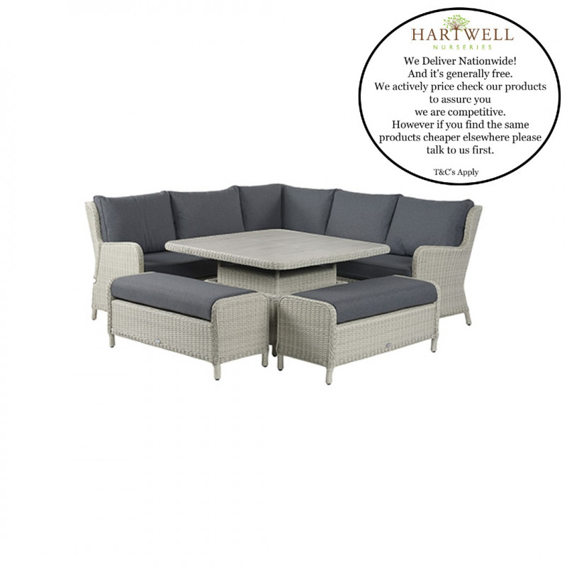 Bramblecrest Chedworth Dove Grey Reclining Modular Sofa with Square Dual Height Ceramic Top Table & 2 Benches- Low Stock