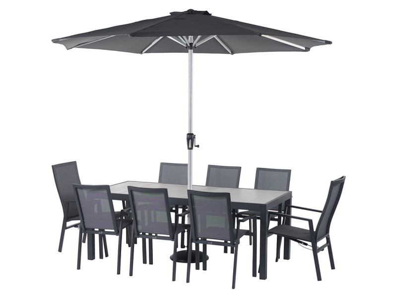 Seville Textilene 8 Seat Rectangle Dining Set with Parasol & Base photo