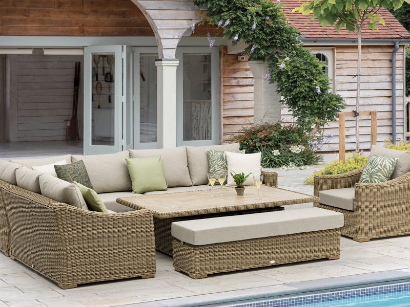 Fairford Rattan L-Shape Sofa with Rectangle Piston Adjustable Height Table, Bench & Chair