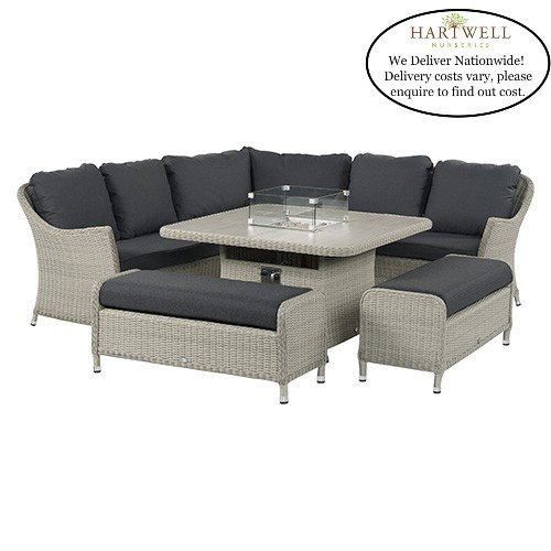 Monterey Dove Grey Modular Sofa with Square Ceramic Top Firepit Table & 2 Benches