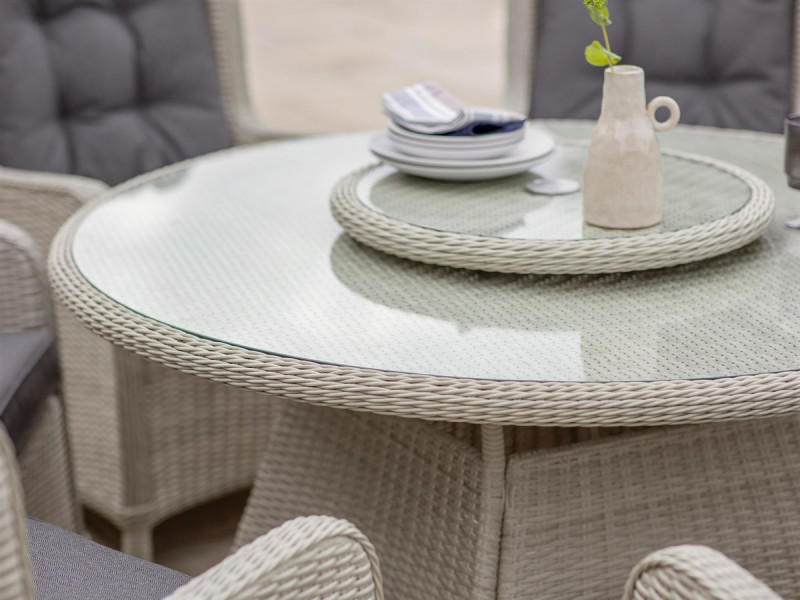 Chedworth Dove Grey Rattan 6 Seat Round Dining Set with Lazy Susan, Parasol & Base photo